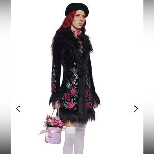 Dolls Kill Night love Floral Embroidered Black Faux Fur Coat 🖤💐
